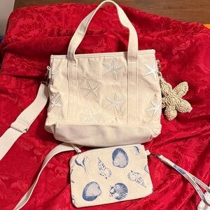 C & C California, Beige Canvas Starfish Embroidered Tote Bag Set